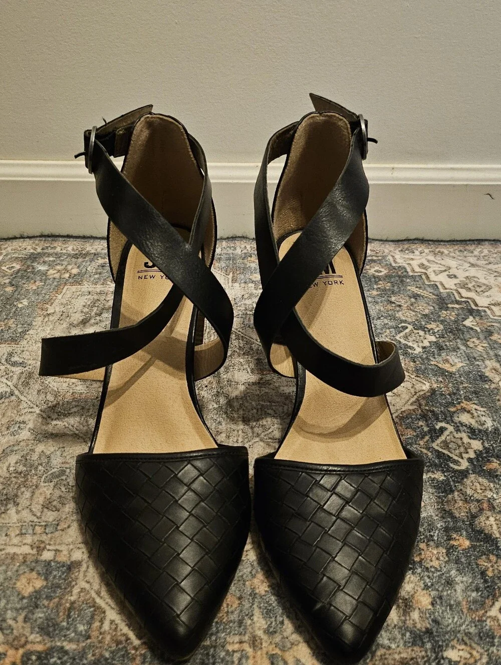 SM New York Black Woven Calliope Chunky Block Heel Pumps 9.5